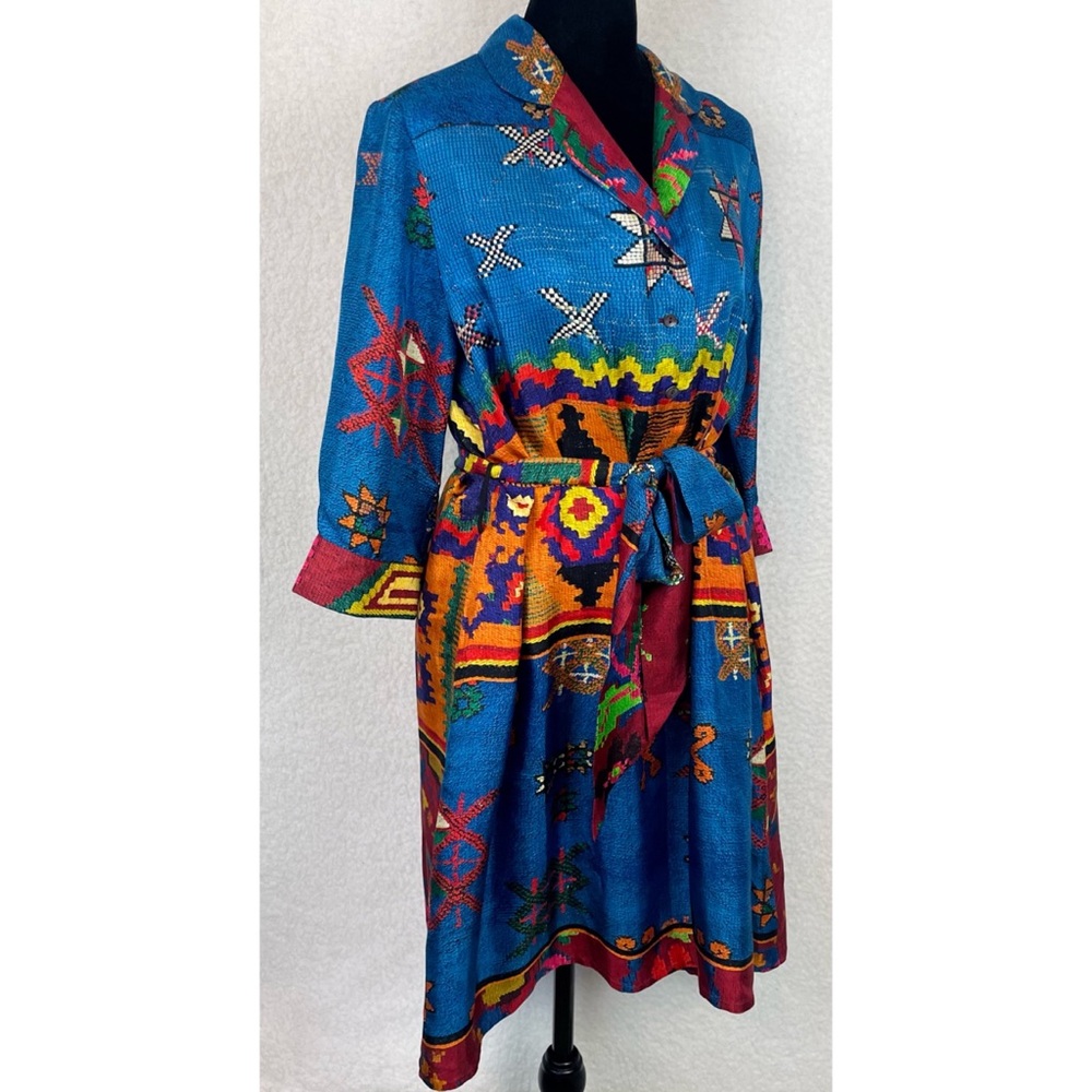 PIERRE-LOUIS MASCIA • Blue/Multi Ethnic 100% Silk Mini Dress, M - Picture 3 of 16